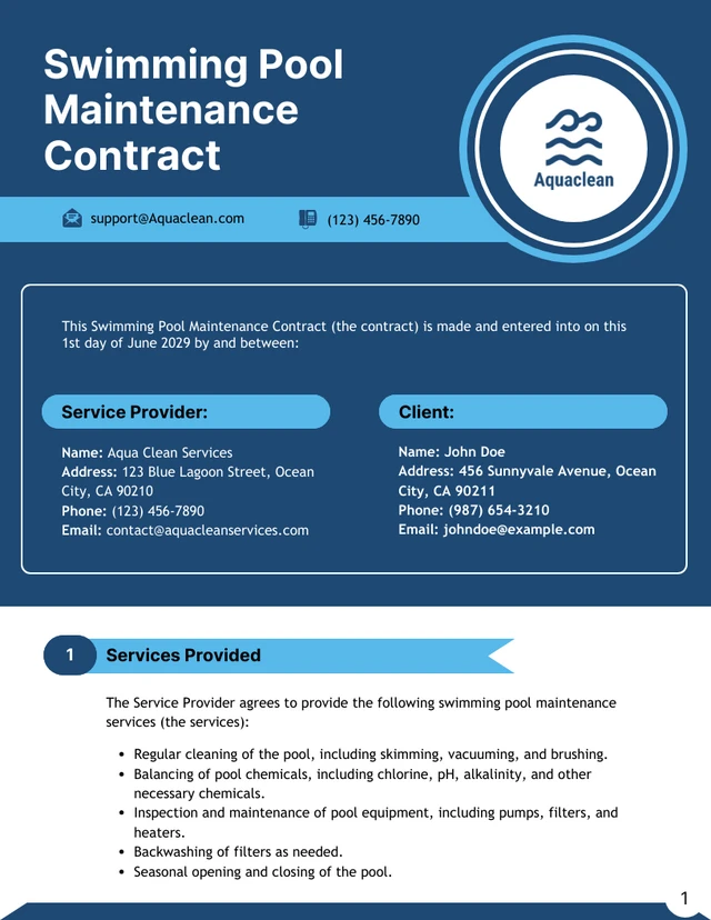 Swimming Pool Maintenance Contract Template - Página 1