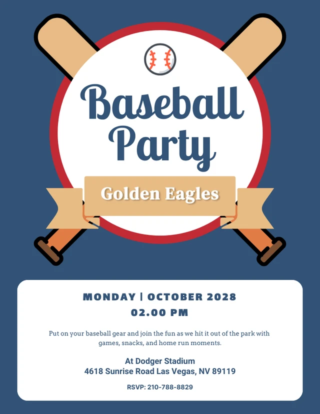 Navy & White Illustration Minimalist Baseball Party Invitation Template