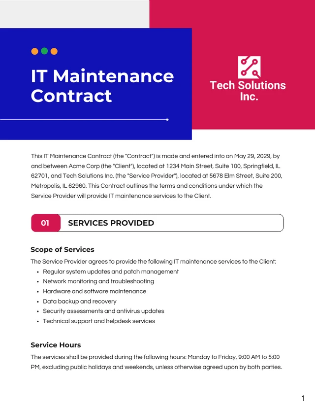 IT Maintenance Contract Template - page 1