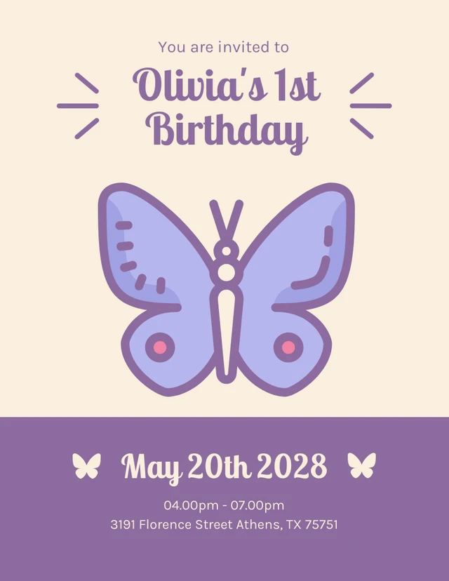Light Yellow And Purple Simple Illustration Butterfly Birthday Invitation Template