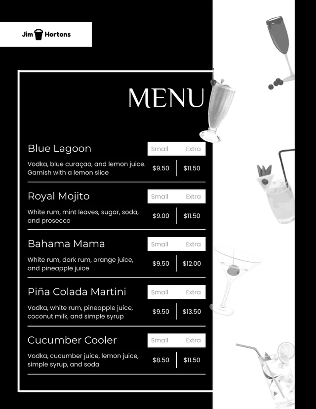 Modèle de menu de cocktail minimaliste noir et blanc