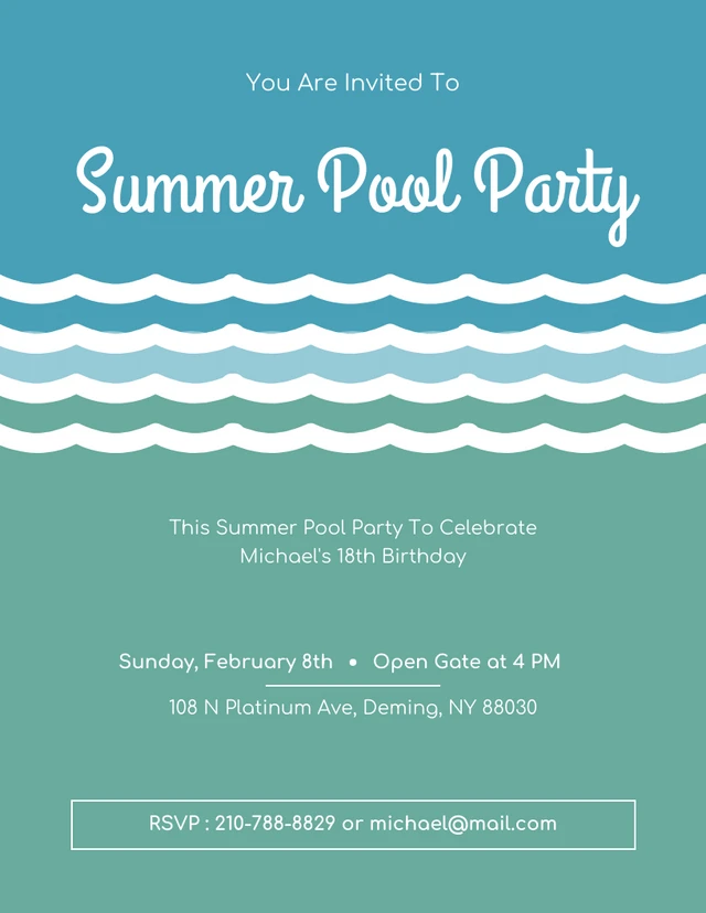 Póster sencillo azul y verde Plantilla de invitación a una fiesta de verano en la piscina
