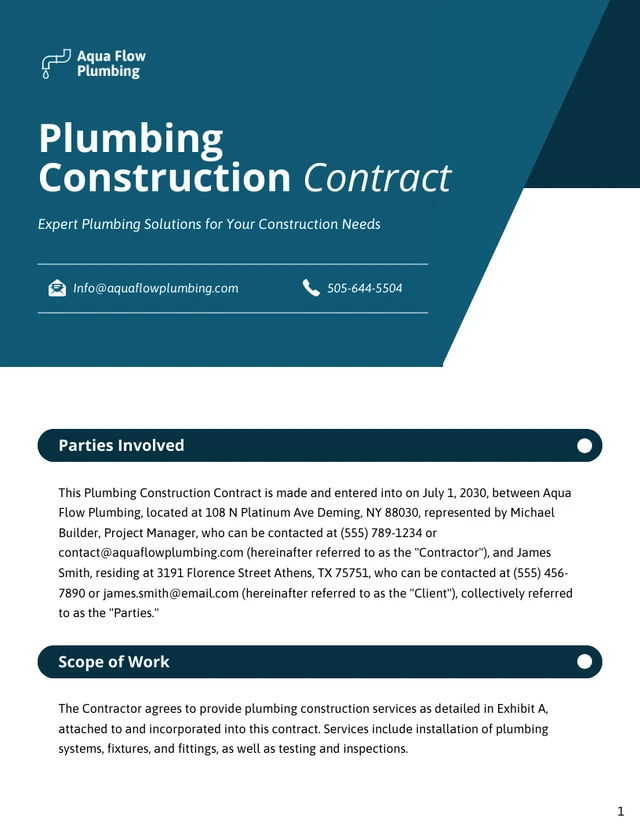 Plumbing Construction Contract Template - page 1