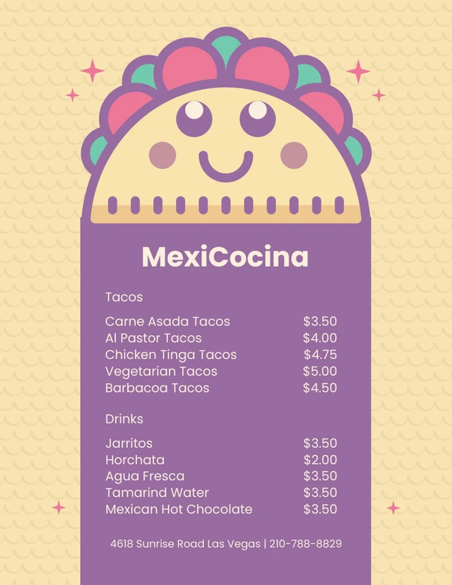 Yellow And Purple Cute Illustration Mexican Menu Template