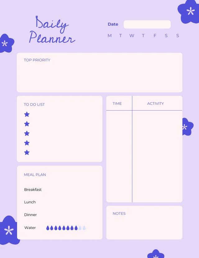Modèle de planificateur personnel lilas et fleur bleue