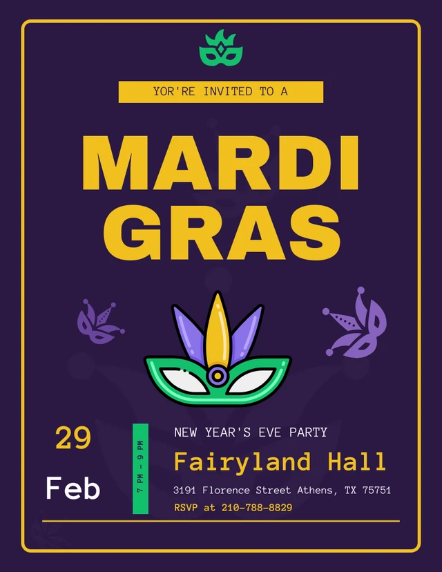 Yellow And Purple Minimalist Mardi Gras Invitation Template