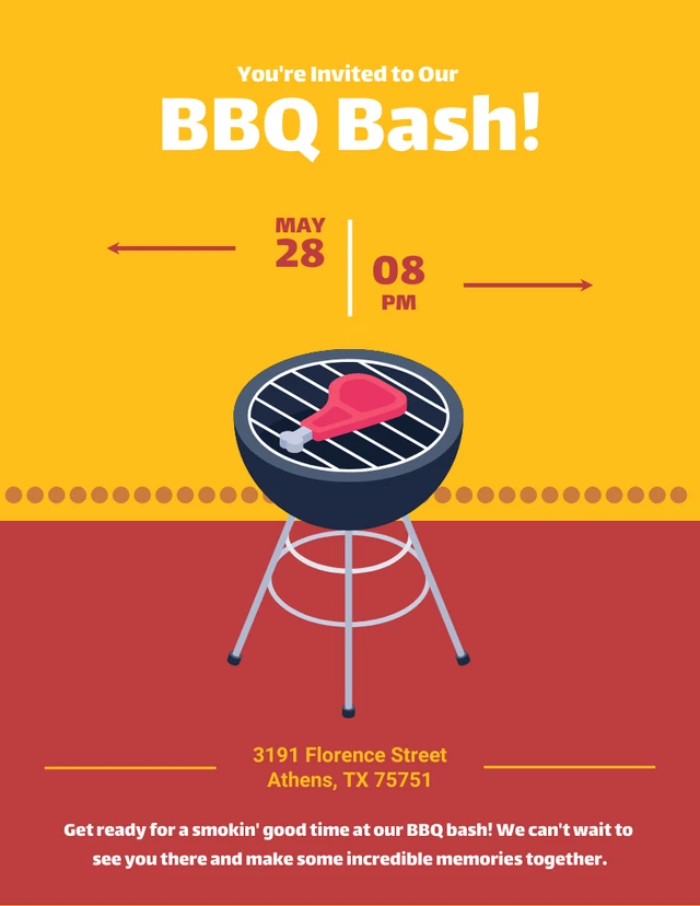 Yellow And Red Cheerful Playful Illustration Steak BBQ Invitation Template