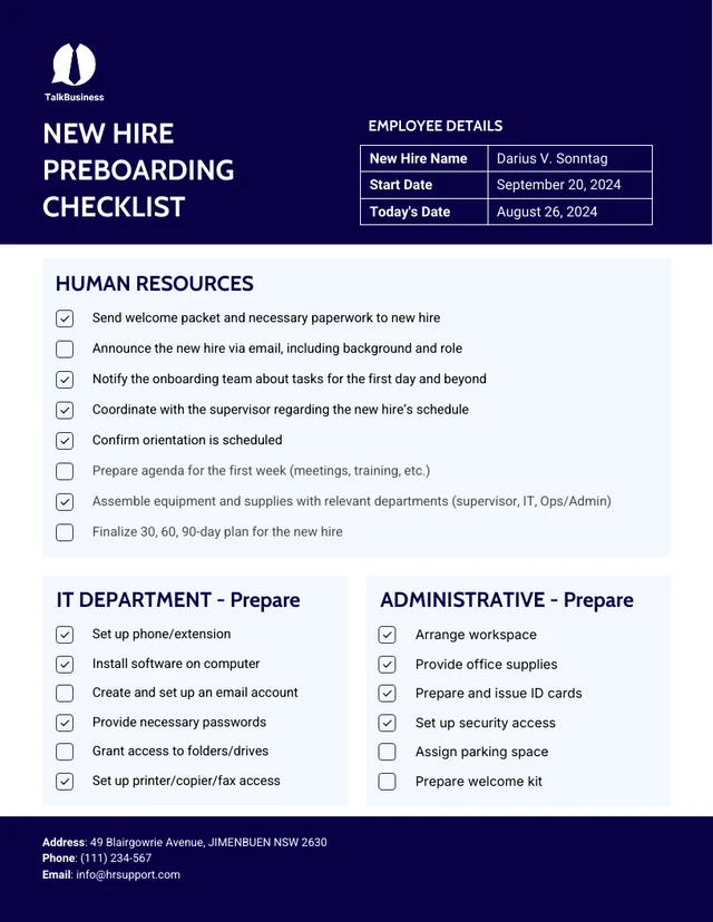 New Hire Preboarding Checklist Template