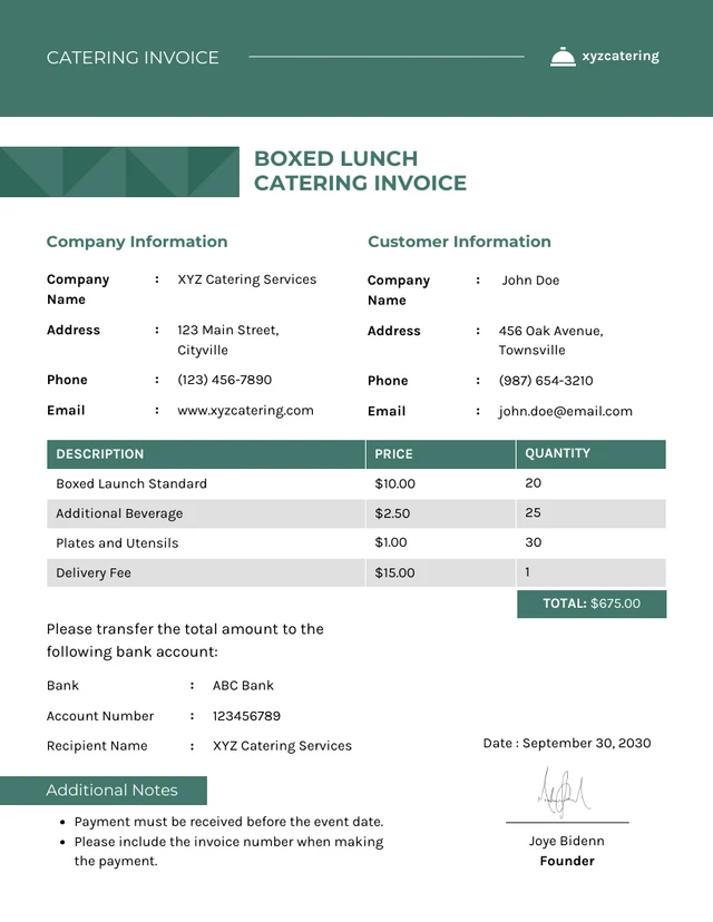 Boxed Lunch Catering Invoice Template