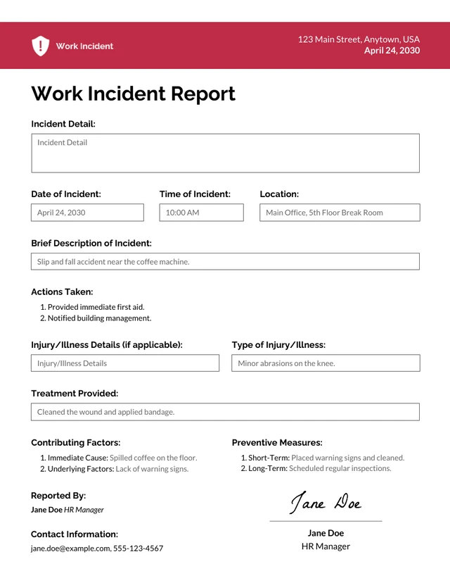 Modèle de rapport d'incident de travail