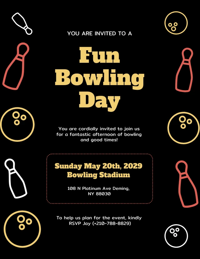 Modèle d'invitation à un concours de bowling noir rouge et jaune