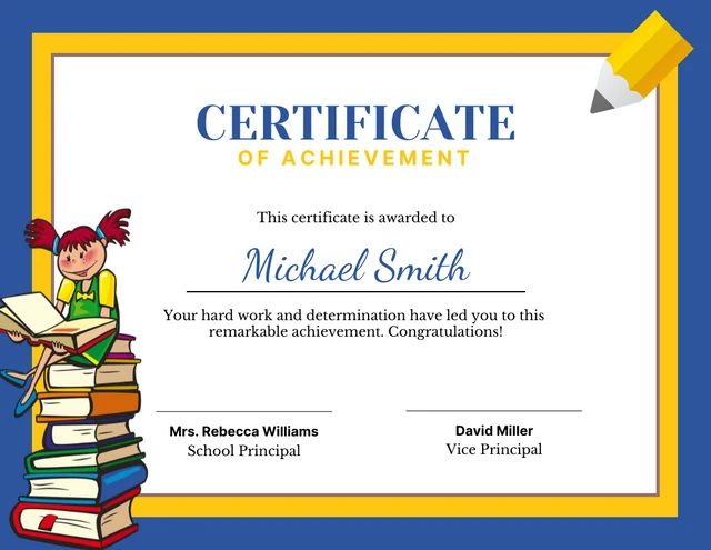 Blue And Yellow Illustration School Certificate Template