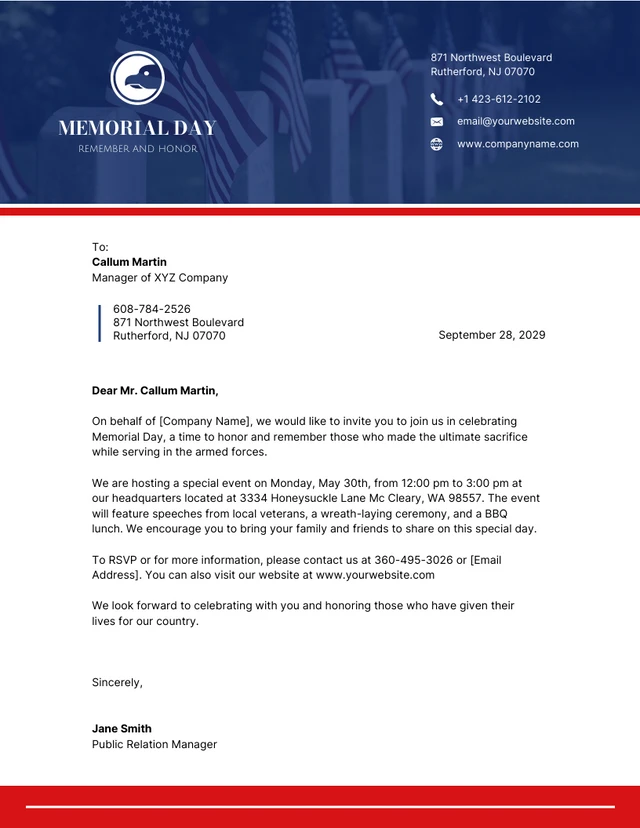 Blue And Red Memorial Day Letterhead
