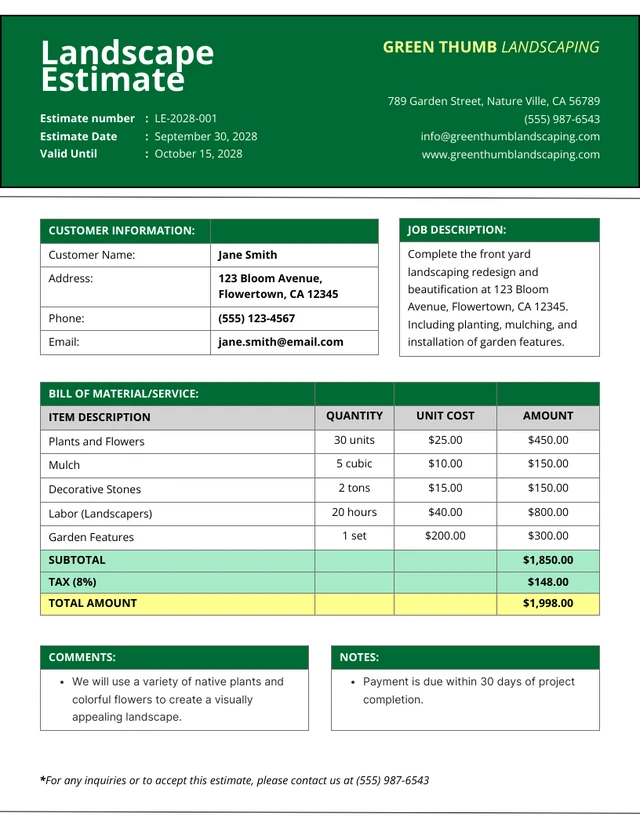 Free Landscape Estimate Templates - Venngage