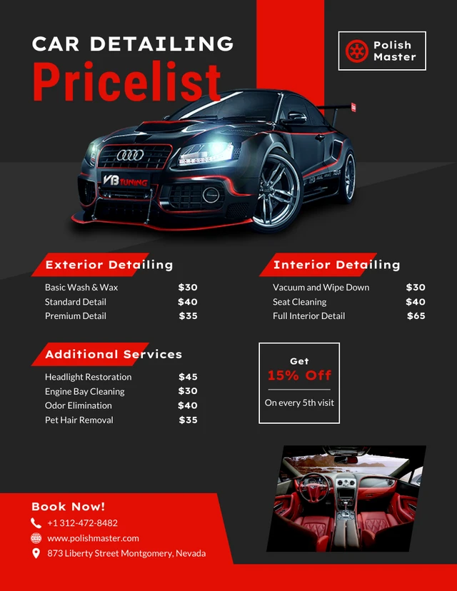 Black and Red Elegant Car Detailing Price Lists Template