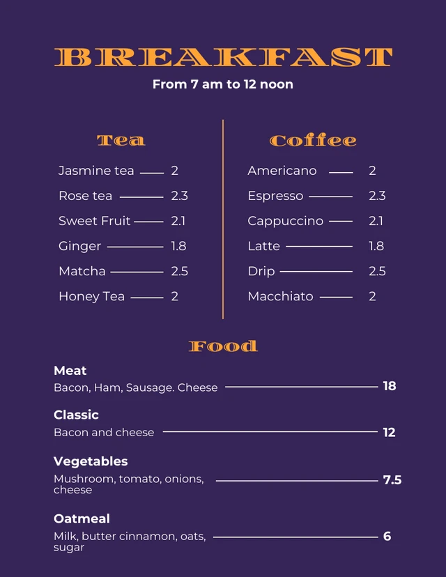 Modèle de menu de petit-déjeuner moderne violet foncé et orange