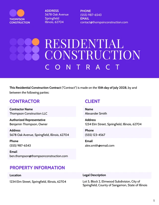 Residential Construction Contract Template - Seite 1