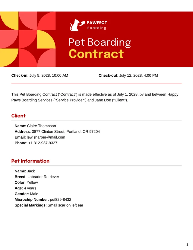 Pet Boarding Contract Template - صفحة 1