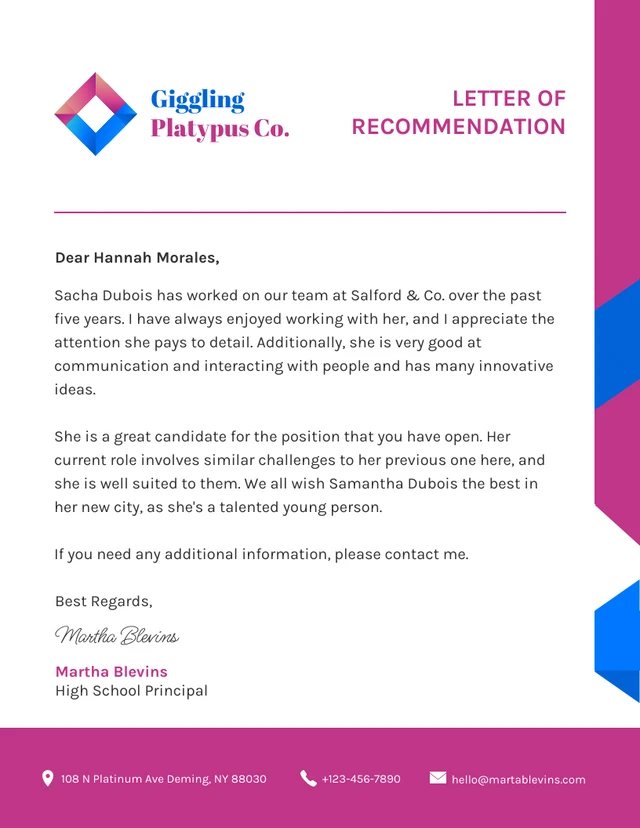 Purple And Blue Modern Corporate Professional Recommendation Letters Template