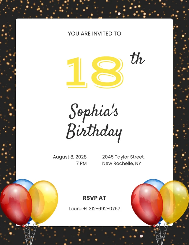 Yellow Glittering 18th Birthday Invitation Template
