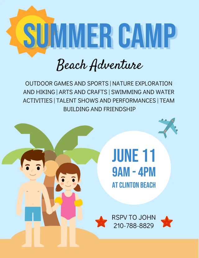 Light Blue Cute Illustration Summer Camp Kids Poster Template